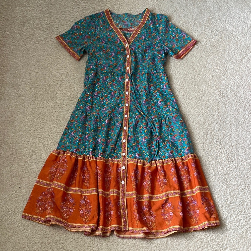 Floral Button-Down Dress in Teal and Orange